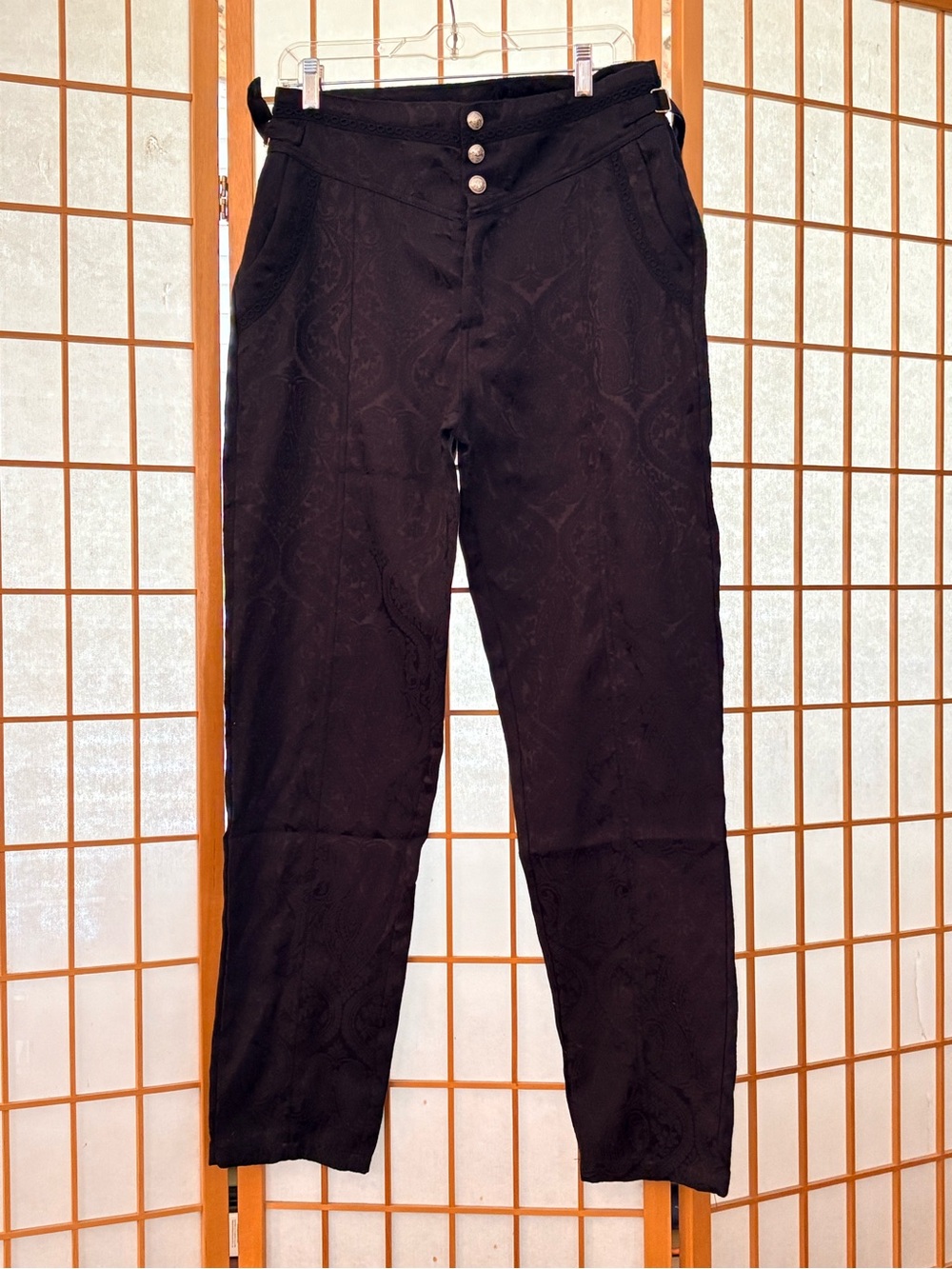 Vatpave Men's Black Gothic Paisley Trousers Three-Button Adjustable Waist Large